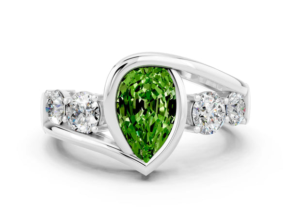 White gold Bezel Set Pear Cut Peridot Bypass Ring with Round  Accents