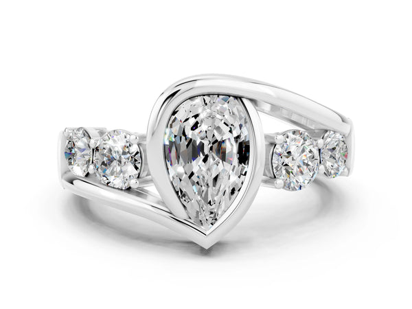 Silver Bezel Set Pear Cut Moissanite Bypass Ring with Round  Accents
