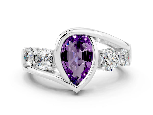 Silver Bezel Set Pear Cut Amethyst Bypass Ring with Round  Accents
