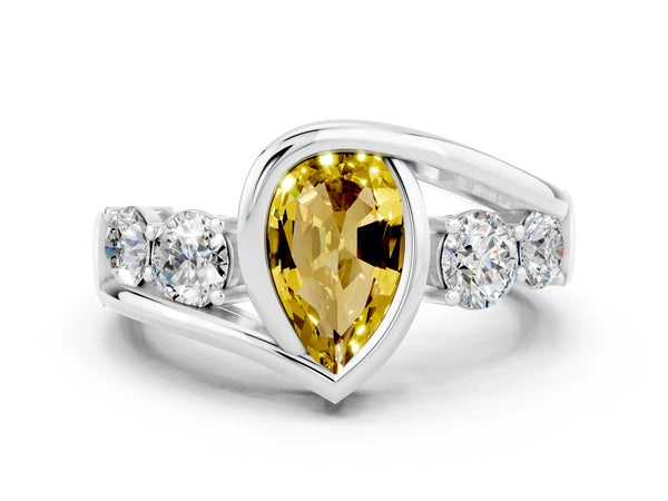Platinum Bezel Set Pear Cut Yellow Sapphire Bypass Ring with Round  Accents