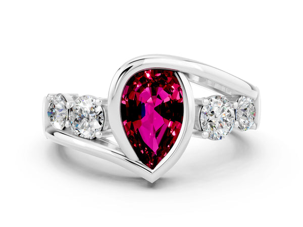 Platinum Bezel Set Pear Cut Garnet Bypass Ring with Round  Accents