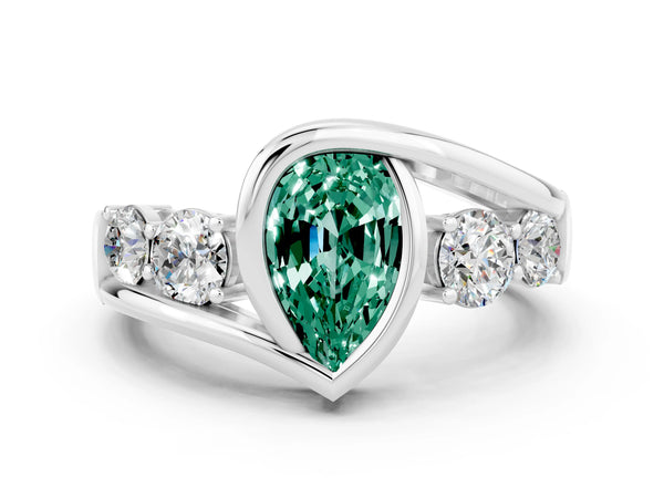 Silver Bezel Set Pear Cut Green Sapphire Bypass Ring with Round  Accents