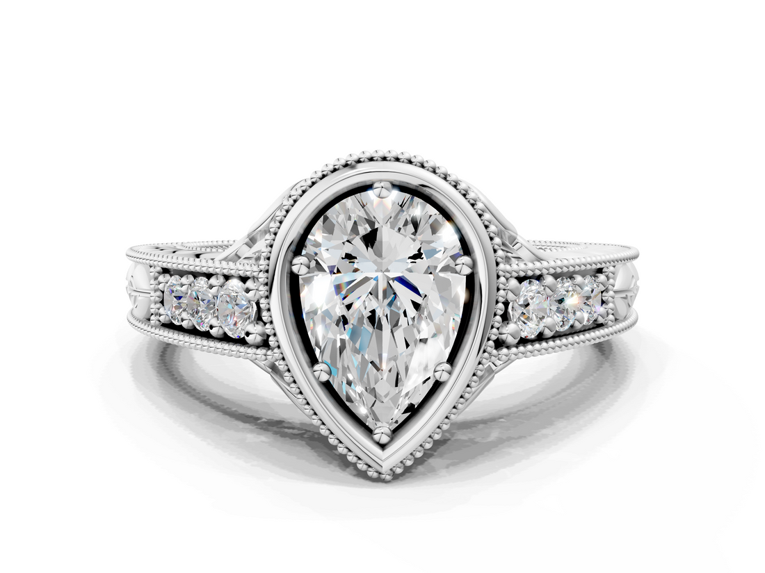 White gold Bezel Set Pear Diamond Milgrain Pave Engagement Ring_41