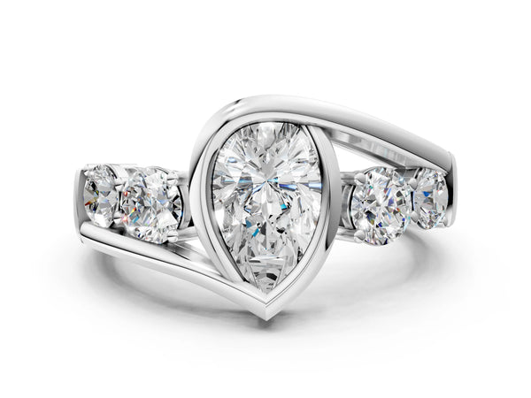 White Gold Pear-Shaped Bezel Bypass Engagement Ring Setting with Round Side Accents