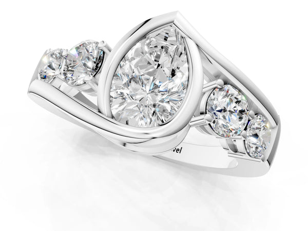 White Gold Pear-Shaped Bezel Bypass Engagement Ring Setting with Round Side Accents