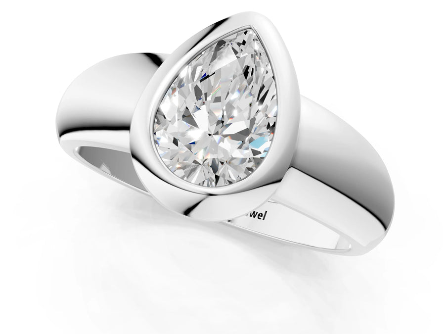 White gold Bezel Set Pear Solitaire Ring with Wide Band