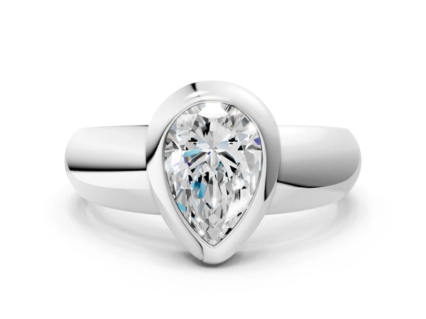 White gold Bezel Set Pear Solitaire Ring with Wide Band