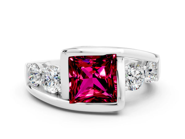 Platinum Bezel Set Princess Cut Garnet Bypass Ring with Round  Accents