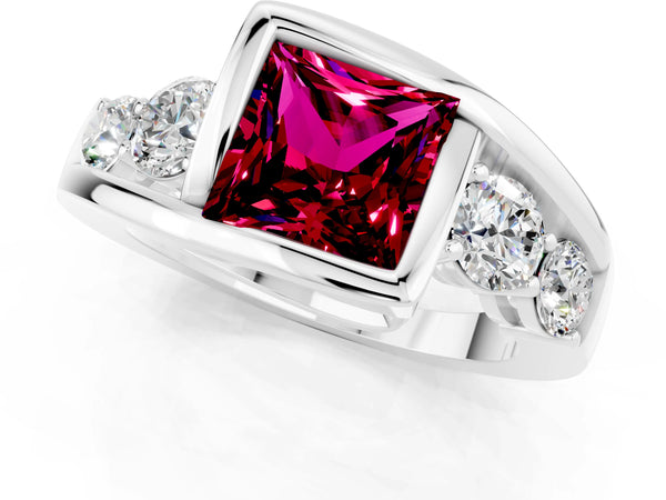 Platinum Bezel Set Princess Cut Garnet Bypass Ring with Round  Accents