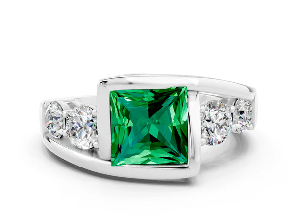 Platinum Bezel Set Princess Cut Emerald Bypass Ring with Round  Accents