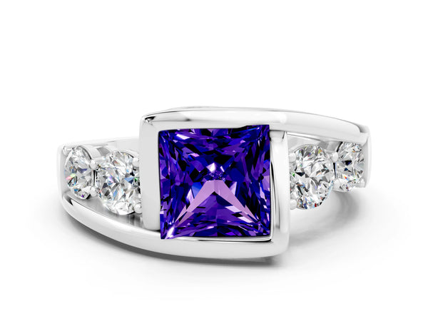 White gold Bezel Set Princess Cut Tanzanite Bypass Ring with Round  Accents