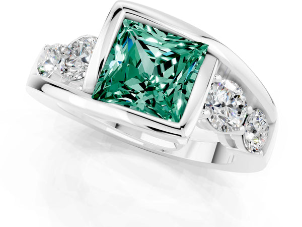 Platinum Bezel Set Princess Cut Green Sapphire Bypass Ring with Round  Accents