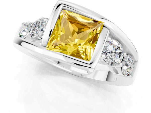 Platinum Bezel Set Princess Cut Yellow Sapphire Bypass Ring with Round  Accents