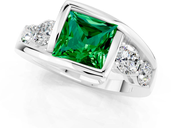Platinum Bezel Set Princess Cut Emerald Bypass Ring with Round  Accents