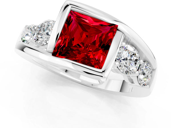White gold Bezel Set Princess Cut Ruby Bypass Ring with Round  Accents
