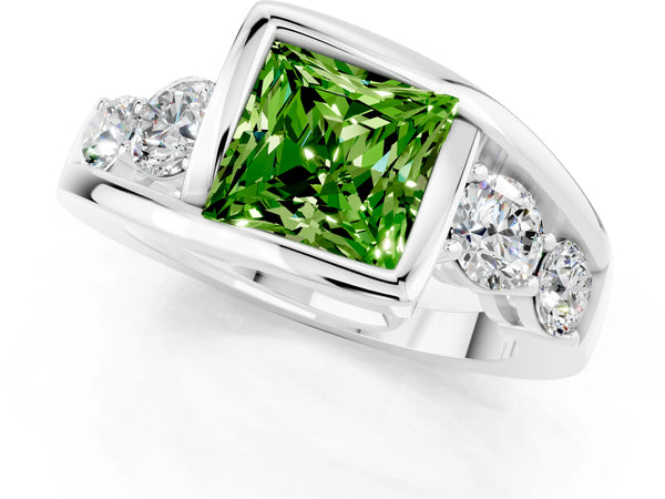 Platinum Bezel Set Princess Cut Peridot Bypass Ring with Round  Accents