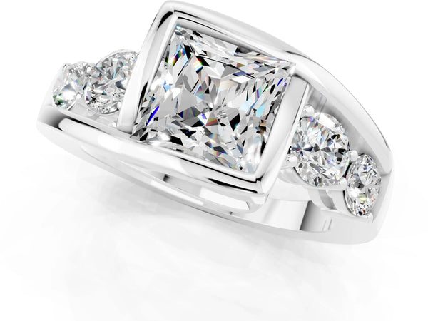 White gold Bezel Set Princess Cut Moissanite Bypass Ring with Round  Accents