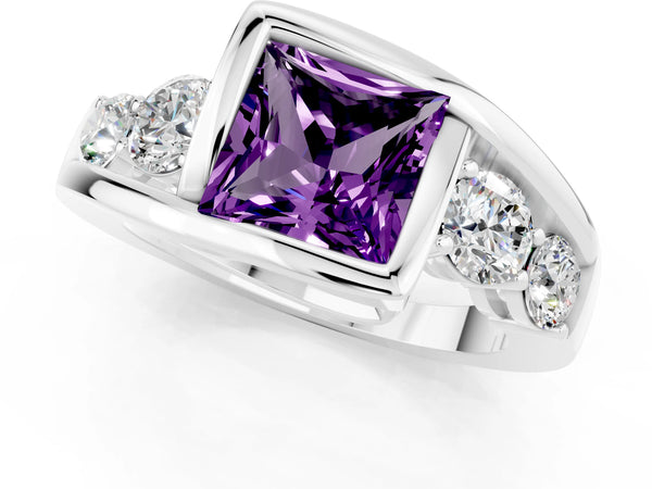 Silver Bezel Set Princess Cut Amethyst Bypass Ring with Round  Accents