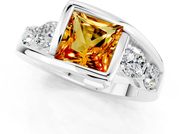 White gold Bezel Set Princess Cut Citrine Bypass Ring with Round  Accents