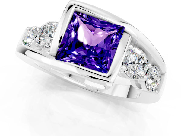 White gold Bezel Set Princess Cut Tanzanite Bypass Ring with Round  Accents