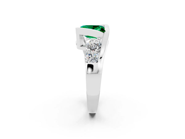 Silver Bezel Set Princess Cut Emerald Bypass Ring with Round  Accents