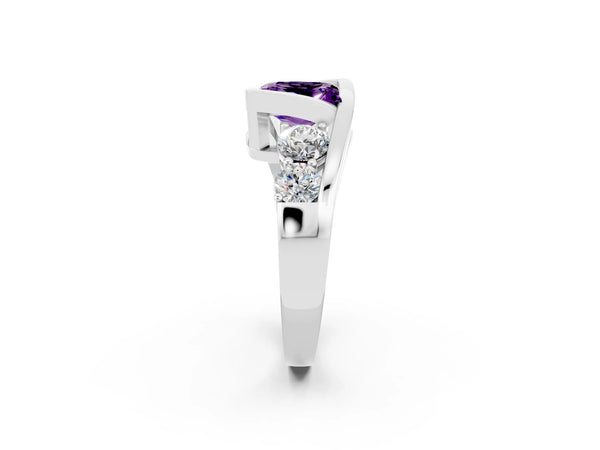 Silver Bezel Set Princess Cut Amethyst Bypass Ring with Round  Accents