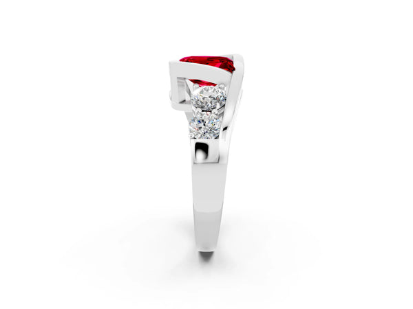 White gold Bezel Set Princess Cut Ruby Bypass Ring with Round  Accents