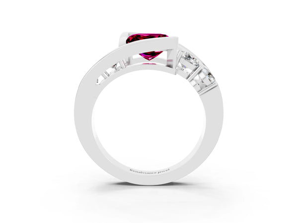 Platinum Bezel Set Princess Cut Garnet Bypass Ring with Round  Accents