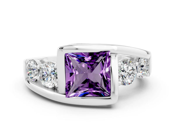 Platinum Bezel Set Princess Cut Amethyst Bypass Ring with Round  Accents