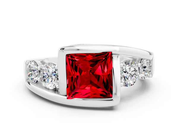 Platinum Bezel Set Princess Cut Ruby Bypass Ring with Round  Accents
