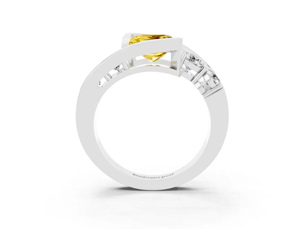 Platinum Bezel Set Princess Cut Yellow Sapphire Bypass Ring with Round  Accents