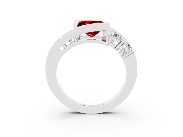 Silver Bezel Set Princess Cut Ruby Bypass Ring with Round  Accents