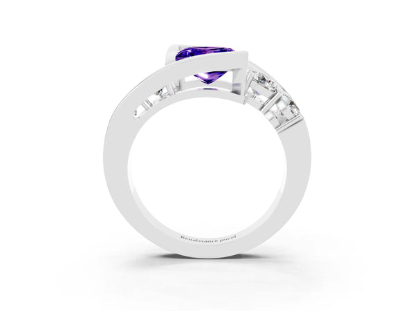 Platinum Bezel Set Princess Cut Tanzanite Bypass Ring with Round  Accents