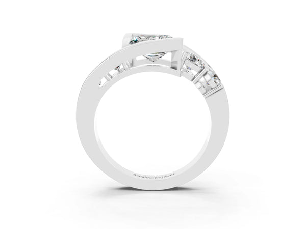 Silver Bezel Set Princess Cut Moissanite Bypass Ring with Round  Accents