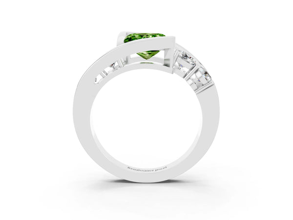 Platinum Bezel Set Princess Cut Peridot Bypass Ring with Round  Accents