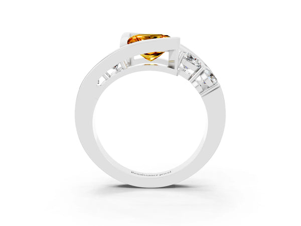 Platinum Bezel Set Princess Cut Citrine Bypass Ring with Round  Accents