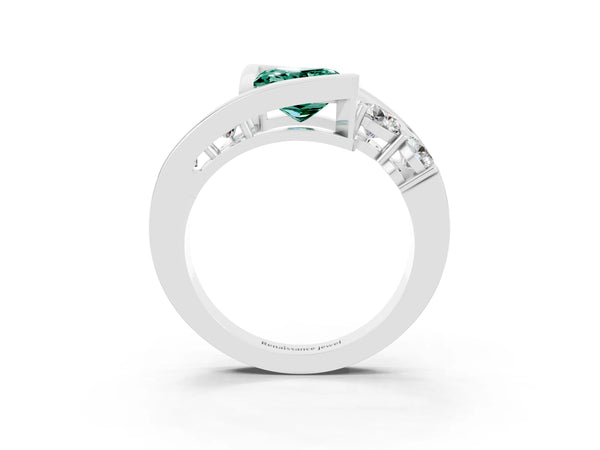 Silver Bezel Set Princess Cut Green Sapphire Bypass Ring with Round  Accents