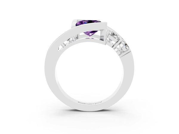 Silver Bezel Set Princess Cut Amethyst Bypass Ring with Round  Accents