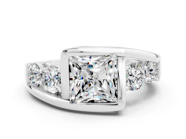 White gold Bezel Set Princess Cut Moissanite Bypass Ring with Round  Accents