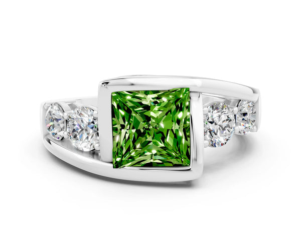 Platinum Bezel Set Princess Cut Peridot Bypass Ring with Round  Accents
