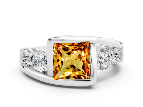 Silver Bezel Set Princess Cut Citrine Bypass Ring with Round  Accents