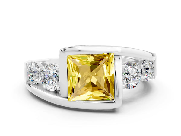 Platinum Bezel Set Princess Cut Yellow Sapphire Bypass Ring with Round  Accents
