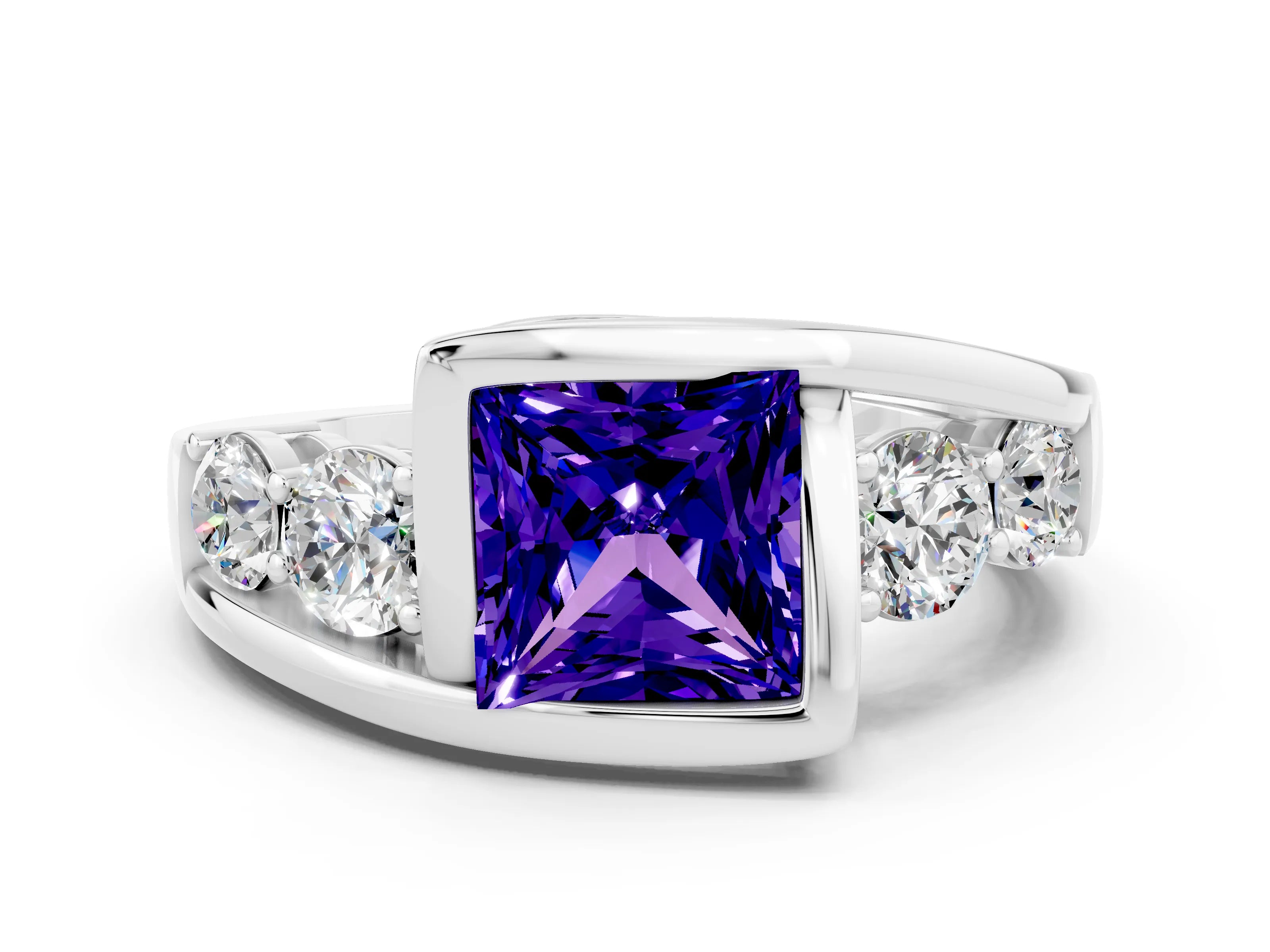 White gold Bezel Set Princess Cut Diamond Split Shank Ring
