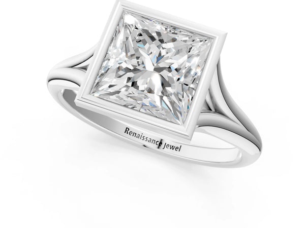 White gold Bezel Set Princess Cut Solitaire Ring with Tapered Band