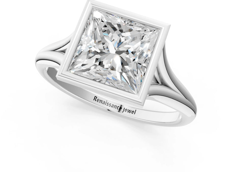 White gold Bezel Set Princess Cut Solitaire Ring with Tapered Band