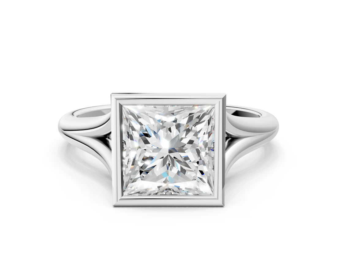 White gold Bezel Set Princess Cut Solitaire Ring with Tapered Band