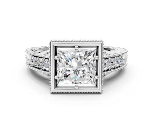 Platinum Princess Cut Vintage Bezel Solitaire Engagement Ring Setting with Milgrain Pave Band