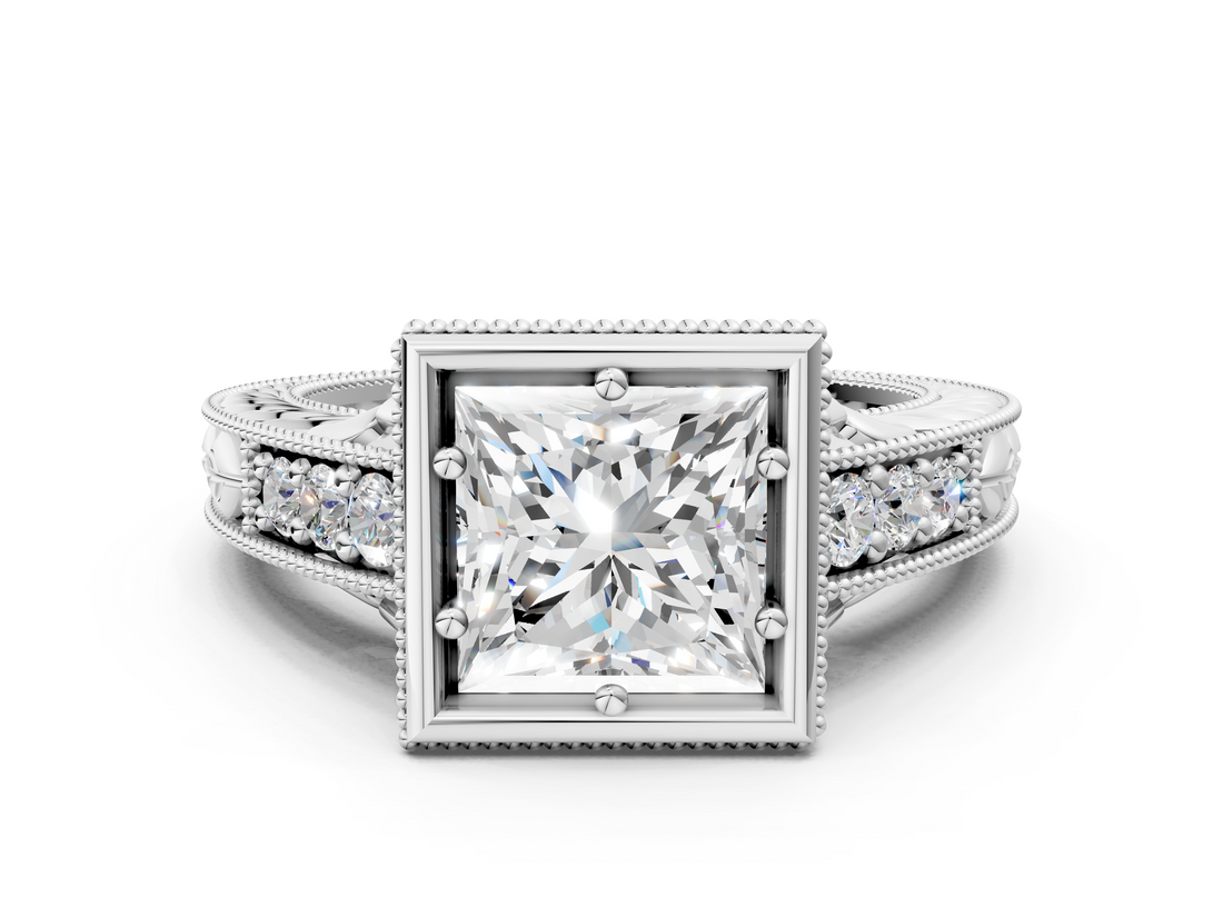White gold Bezel Set Princess Diamond Milgrain Pave Engagement Ring_44