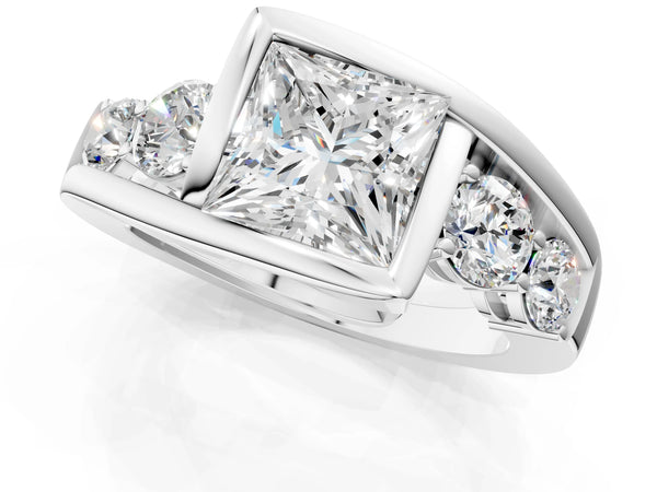 White Gold Princess Cut Bezel Bypass Engagement Ring Setting with Round Side Accents