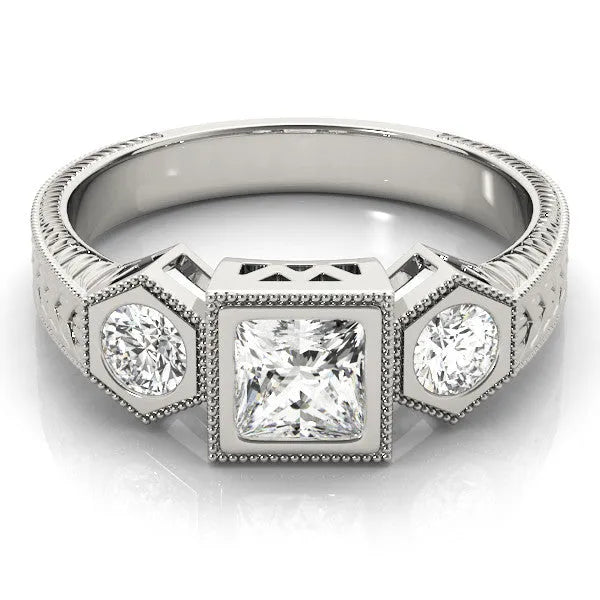 White gold Bezel-Set Princess and Round Cut Milgrain Band Ring